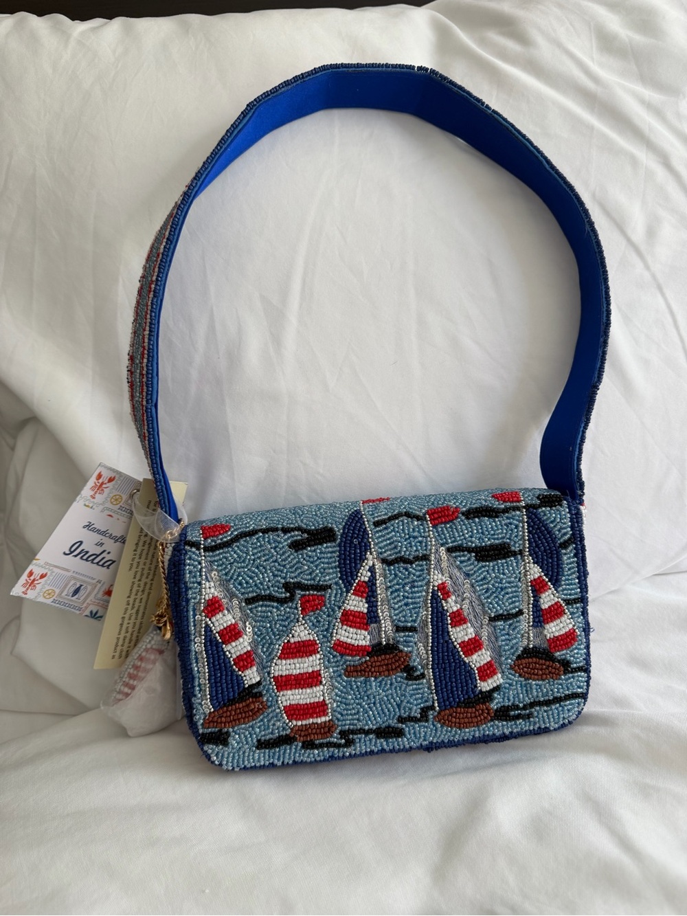 OG Viral Hand-Beaded Sailboat Shoulder Bag in Blue